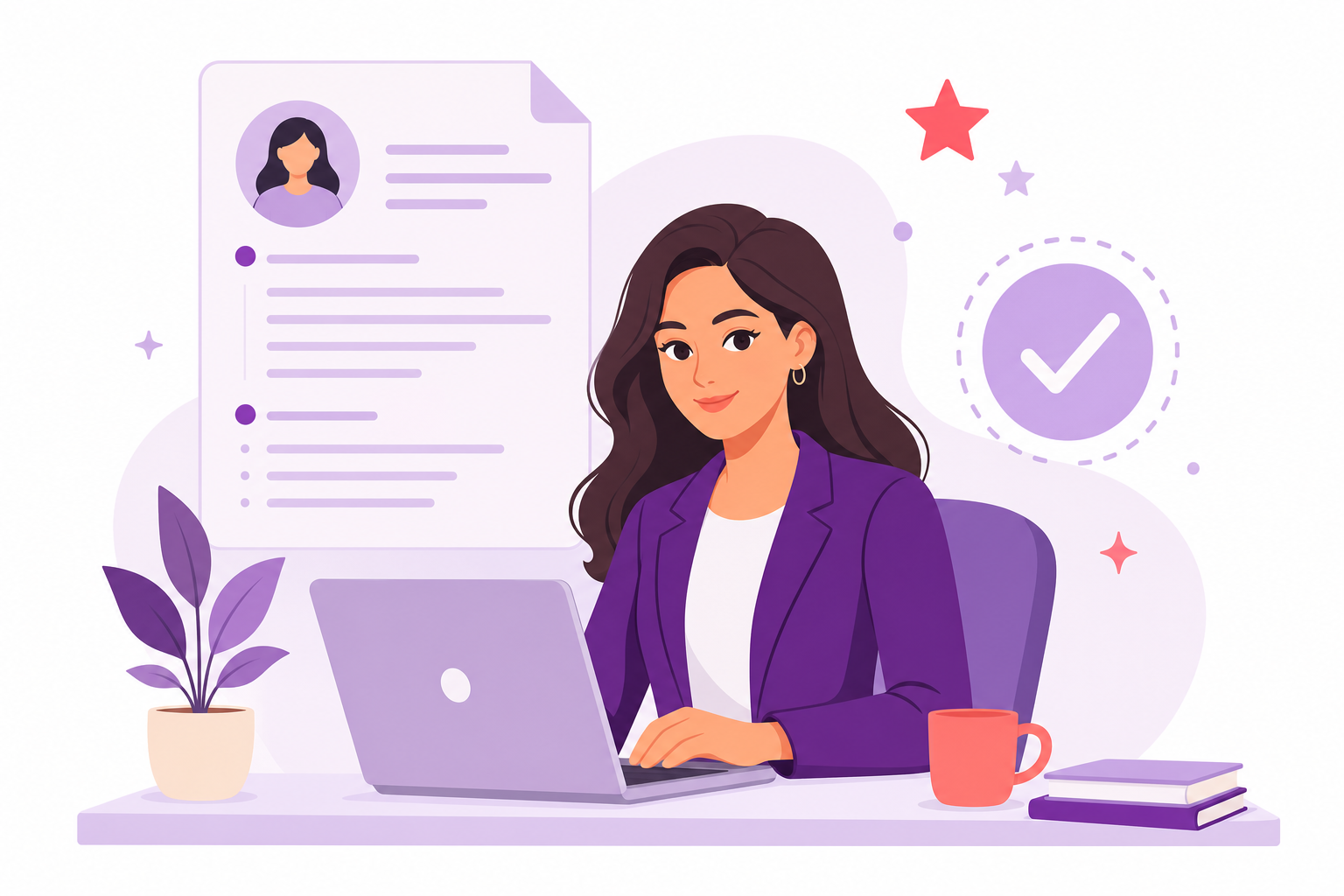 A PurpleCV writer working on a CV at her laptop
