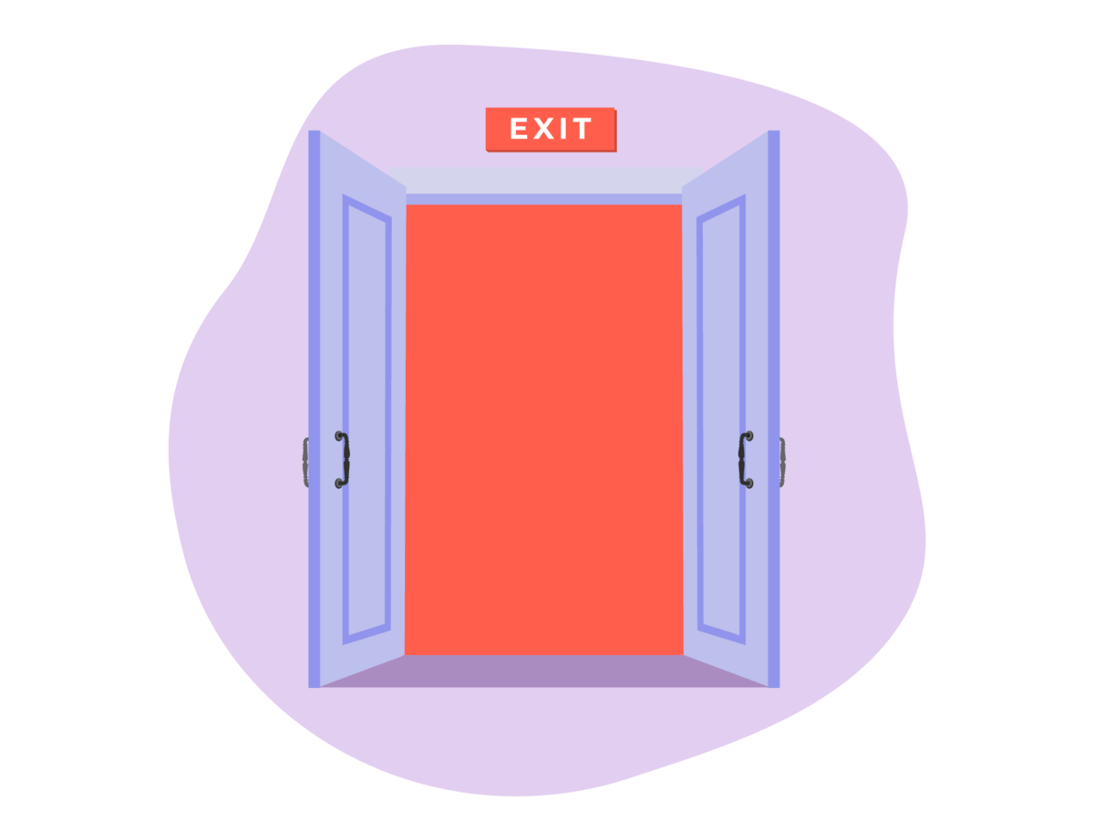 An open door with a lit up 'exit' sign above it
